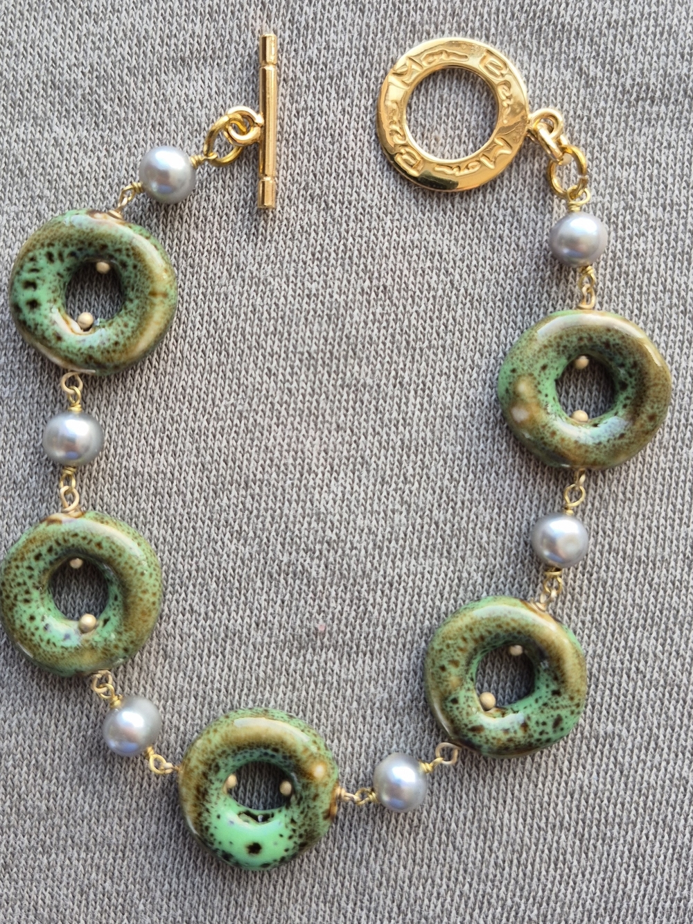 Green Ceramic Donut Bead Bracelet Vermeil